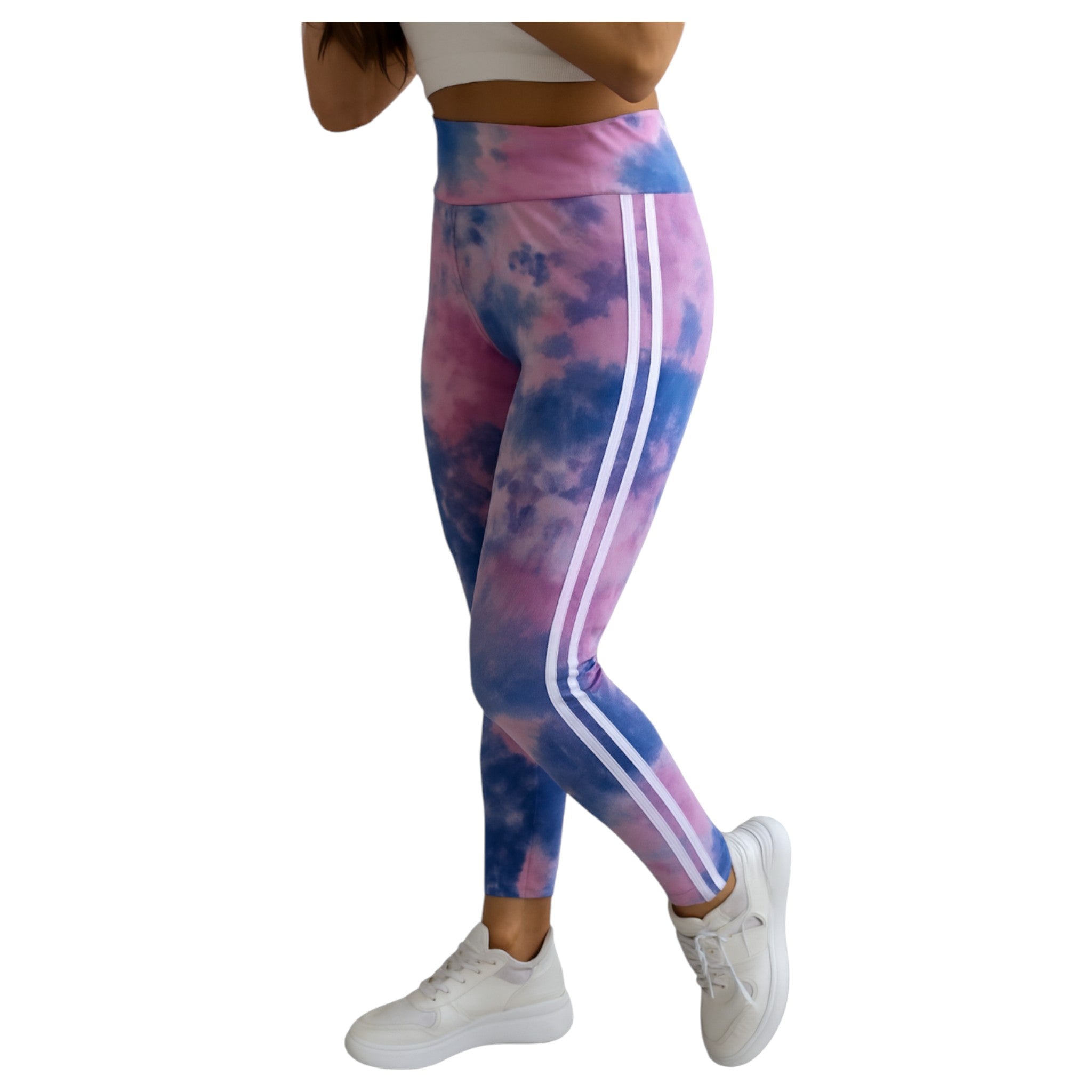 Women’s high-waisted tie dye leggings in neon multicolor print – stylish gym wear and casual athleisure